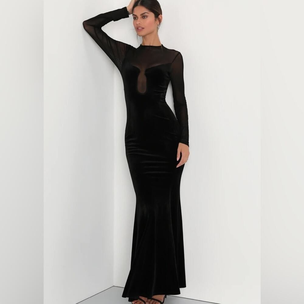 Lulus Alluring Fixation Black Velvet Mesh Long Sleeve Maxi Dress